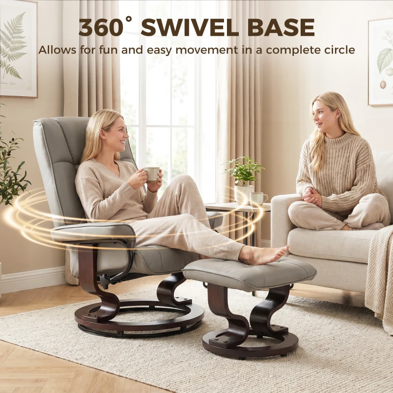 HOMCOM Faux Leather Reclining Chair with Ottoman, Manual Recliner with Tufted Back and Wood Frame for Living Room, Gray