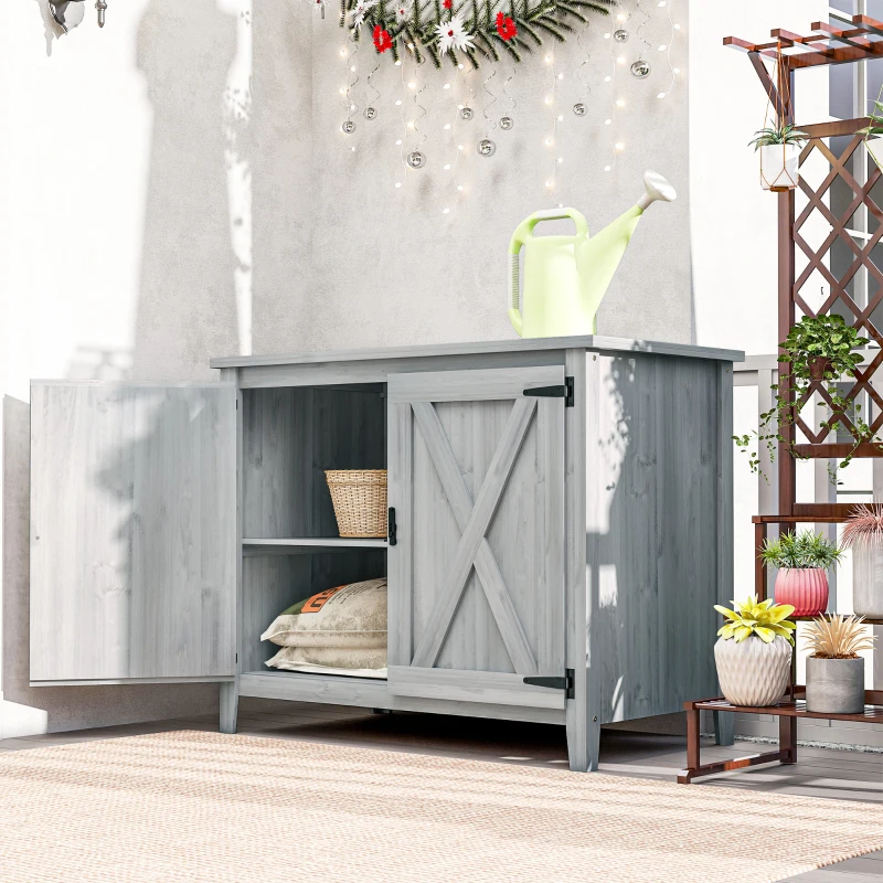 Outsunny Wooden Outdoor Storage Cabinet, Garden Shed Potting Shed with Shelf and Double Doors, Light Gray