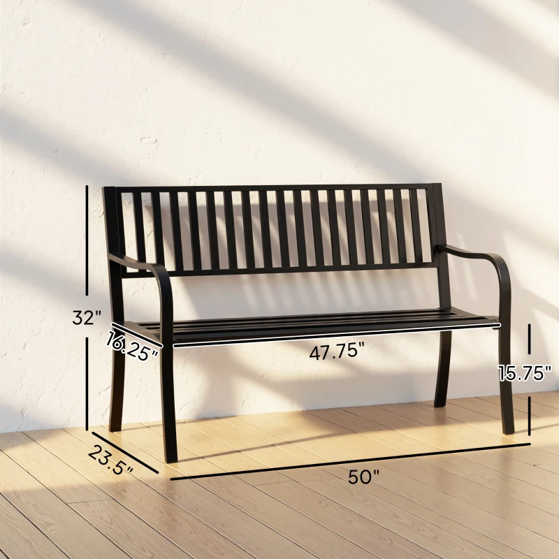 Outsunny Outdoor Bench, 50" Patio Garden Bench with Slatted Seat, Metal Bench for Backyard, Poolside, Lawn, Black