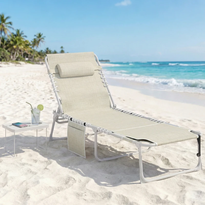 Outsunny Tanning Chair with Face Hole and Side Table, 5-Position Folding Outdoor Chaise Lounge Chair, Beige
