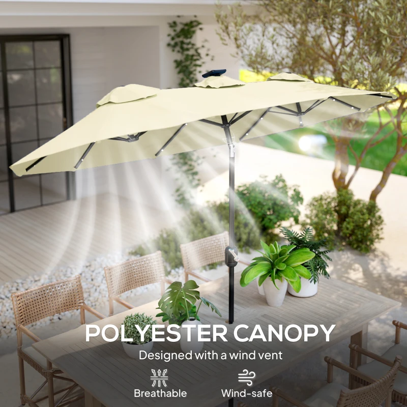 Outsunny Double-sided Patio Umbrella, 9.7' Outdoor Umbrella with Tilt and Crank, LED Solar Light and 12 Ribs, Cream White