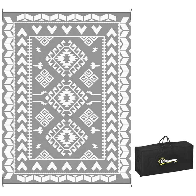 Outsunny Reversible Outdoor Rug, Waterproof Plastic Straw with Carry Bag, 9' x 12', Gray & White Rhombus Patchwork