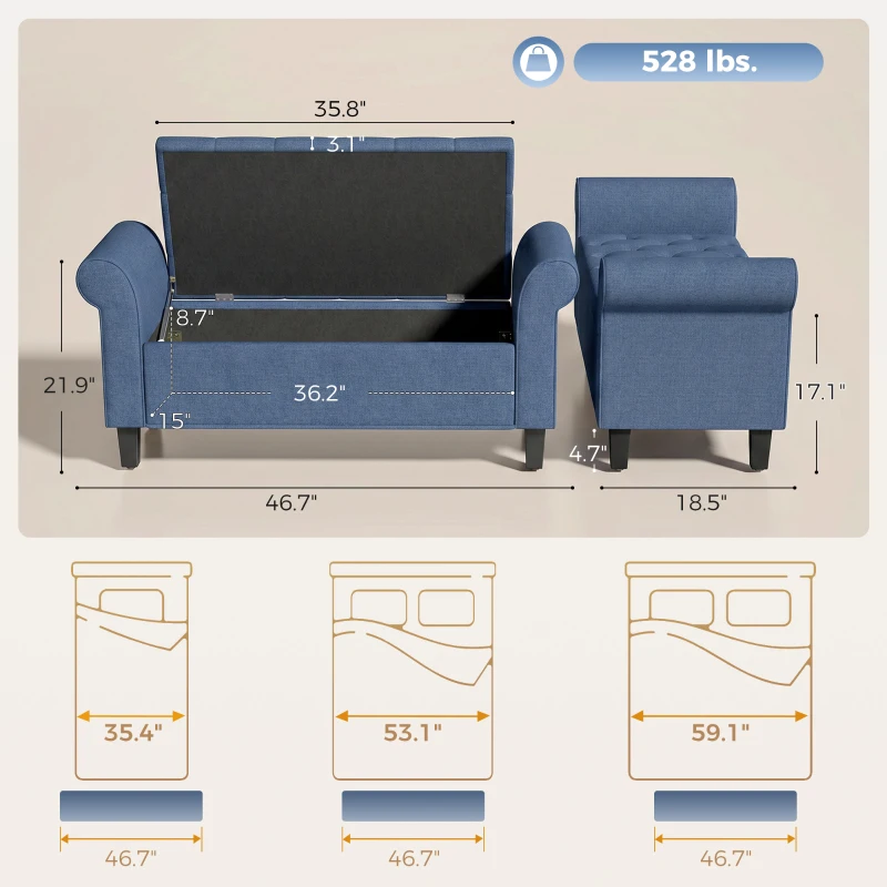 HOMCOM 47" Storage Ottoman Bench, Tufted End of Bed Bench with Rolled Arms, Safety Hinge, Wood Legs for Bedroom, Blue