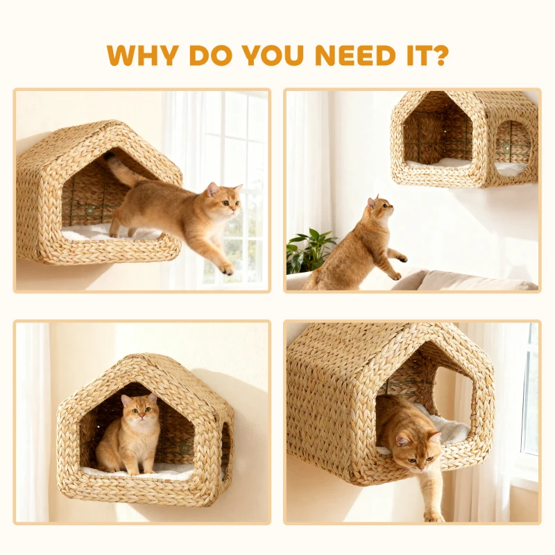 PawHut Wall Mounted Cat House, Cat Wall Furniture, Cat Wall Shelf with Washable Cushion, Natural