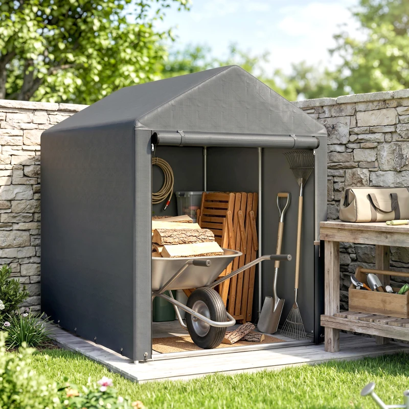 Outsunny 4 x 6ft Outdoor Storage Shed Tent, Portable Shed with Roll-up Door for Motorcycle, Bike, Garden Tools
