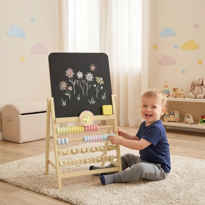 Qaba Wooden Kids Art Easel with Double-Sided Chalkboard, Clock, Abacus, Blackboard Eraser for Painting, for Ages 2+, Natural