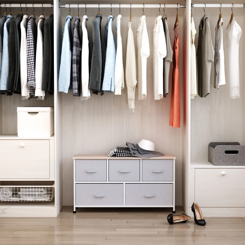 HOMCOM 40" L 5 Drawer Horizontal Storage Cube Dresser Unit Bedroom Organizer Living Room Shelf Tower with Fabric Bins, Light Gray