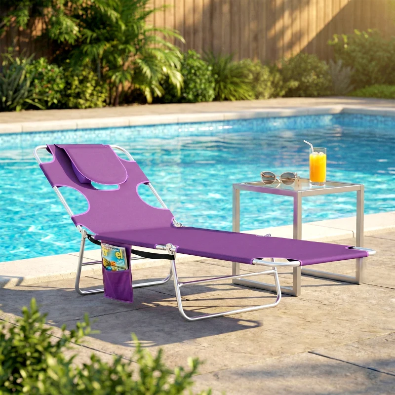 Outsunny Tanning Chair with Face Hole, 5-Level Adjustable Outdoor Chaise Lounge Chair with Pillow for Beach, Pool, Purple