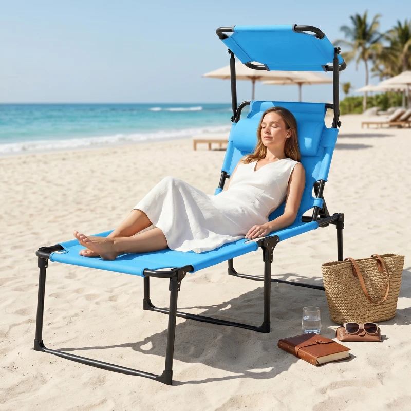 Outsunny Outdoor Lounge Chair, 4 Position Adjustable Backrest, Folding, Cushioned w/ Sun Shade Roof & Pillow, Blue