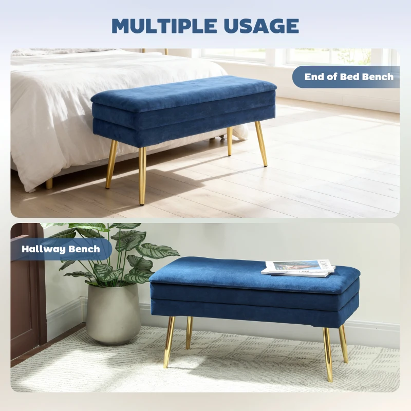 HOMCOM 31" Storage Ottoman, Velvet End of Bed Bench with Steel Legs, Foot Stool with Storage for Bedroom, Living Room