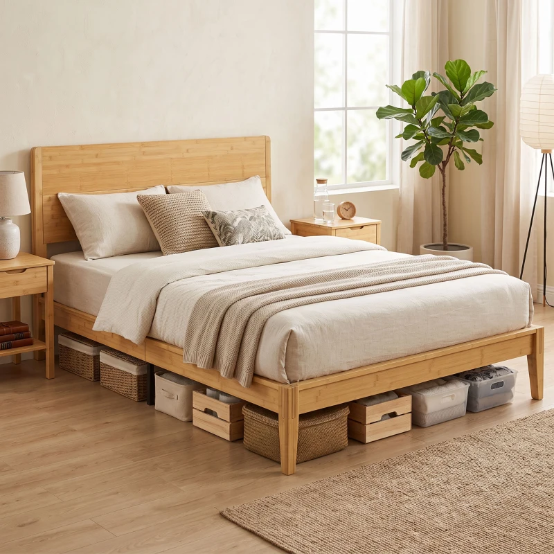 HOMCOM Queen Size Bamboo Platform Bed Frame with Headboard and 12 Poplar Slats, No Box Spring Needed, Easy Assembly, Natural
