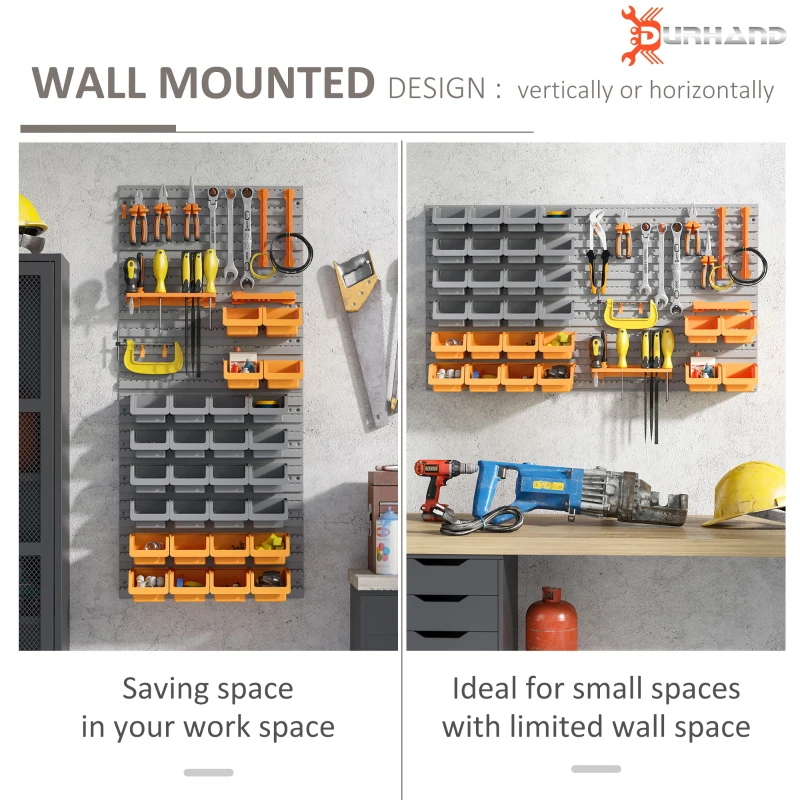 DURHAND 44 PCS Wall Mounted Pegboard Tool Organizer Rack Kit with Various Sized Storage Bins, Pegboard and Hooks, Orange