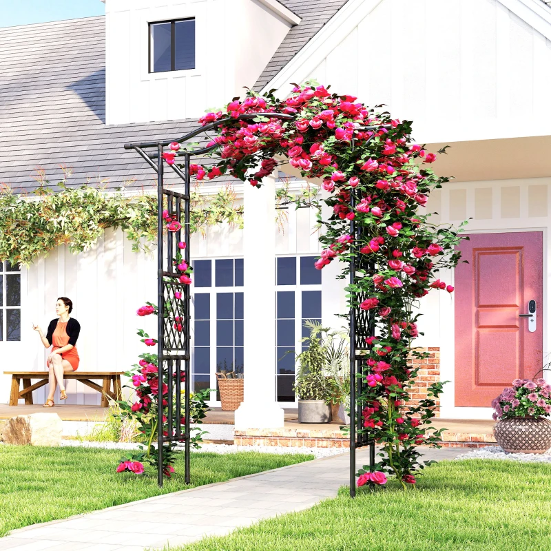 Outsunny Garden Arch, PE-Coated Steel Garden Arch Trellis with Extended Top, Black