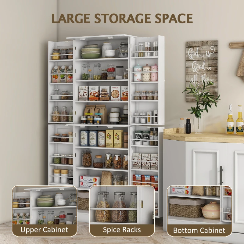 HOMCOM 65" Kitchen Cabinet, Kitchen Pantry Cabinet with 4 Doors and 16 Door Shelves for Dining Room, White