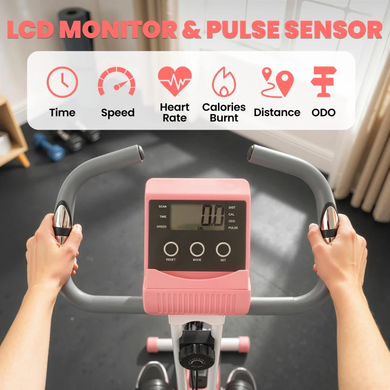 Soozier 3 in 1 Folding Exercise Bike, Foldable Stationary Bike with 8-Level Magnetic Resistance, Adjustable Seat, Pink