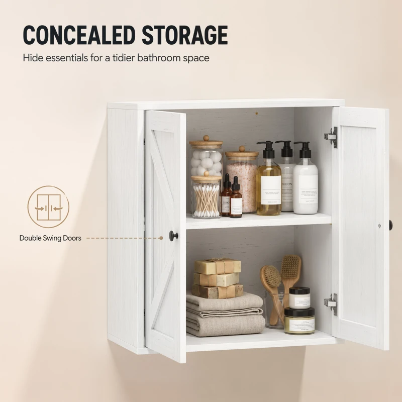 HOMCOM Bathroom Wall Cabinet, Farmhouse Bathroom Cabinet Wall Mount with 2 Shelves, White Wood Grain