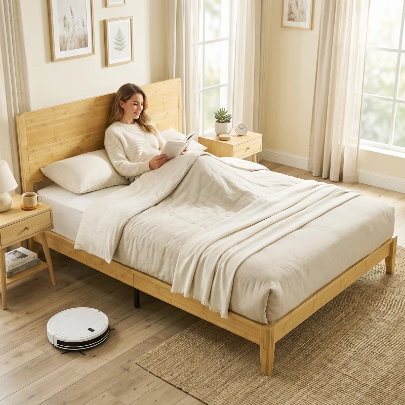 HOMCOM Queen Size Bamboo Platform Bed Frame with Headboard and 12 Poplar Slats, No Box Spring Needed, Easy Assembly, Natural