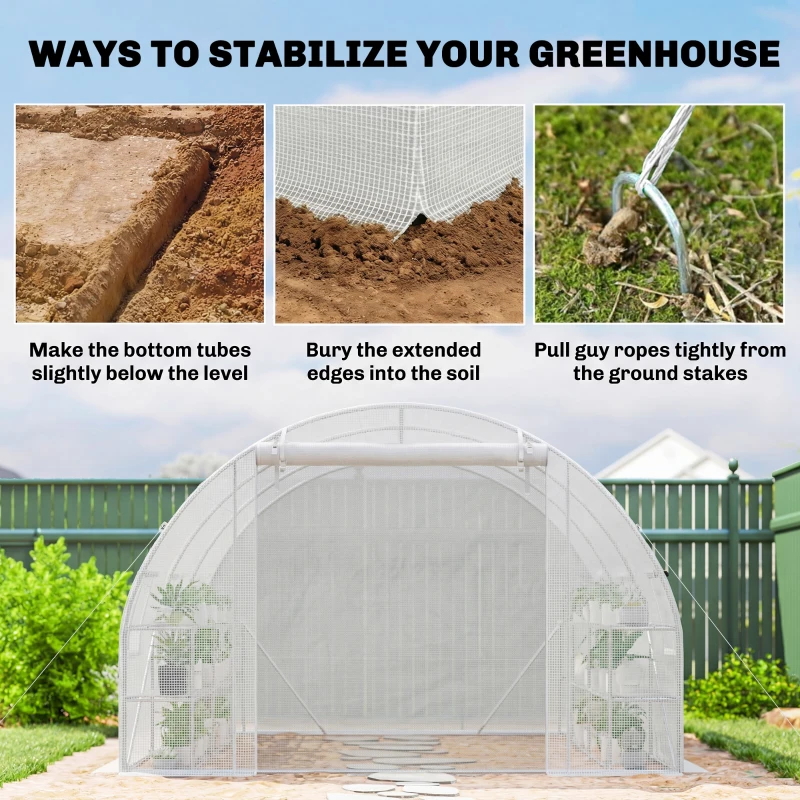 Outsunny 10'x11'x6' Walk-in Tunnel Greenhouse with Shelves, Mesh Door and Windows, Hoop House Greenhouse with PE Cover, White
