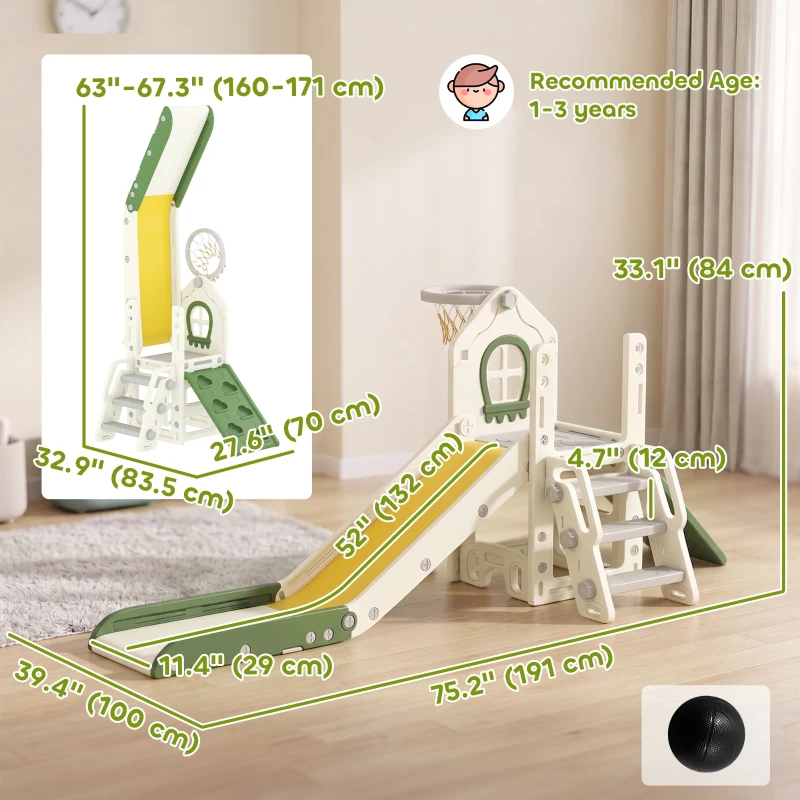 Qaba Foldable 5 in 1 Toddler Slide with Ladder, Climbing Wall, Basketball Hoop, Storage and Basketball for 1-3 Years, Cream