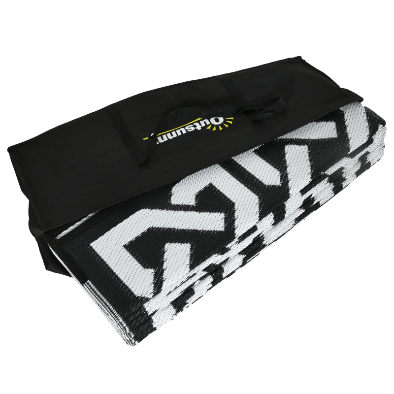 Outsunny Reversible Outdoor Rug Carpet RV Camping Rugs with Carry Bag, 9' x 18', Black & White Chain