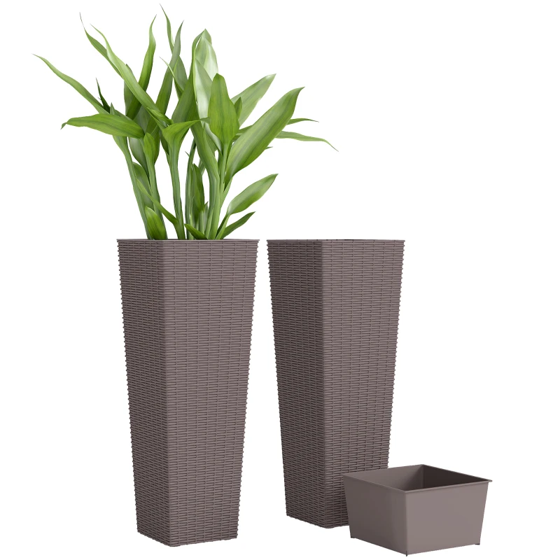 Outsunny 23.6 Inch Tall Planters for Outdoor Plants, Set of 2 Plastic Flower Pots with Drainage Holes, Brown