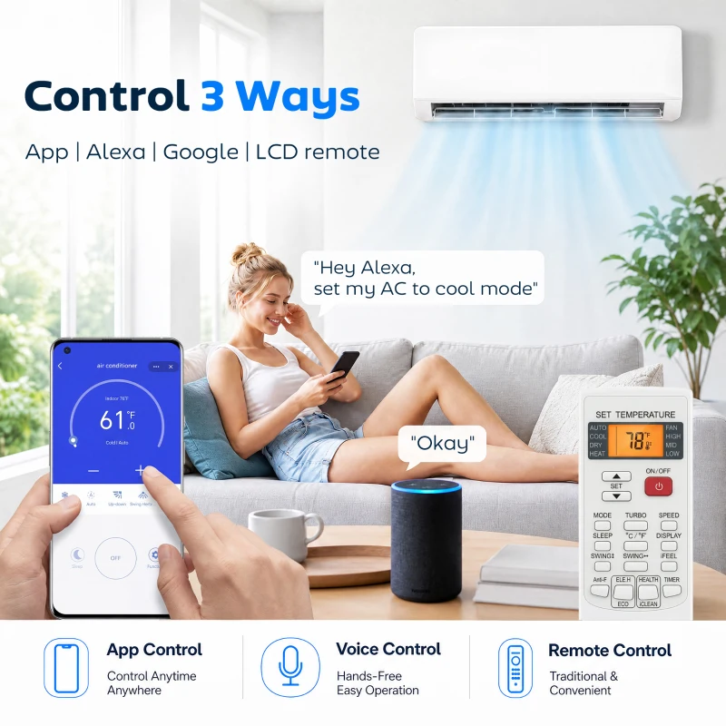 HOMCOM 12000 BTU Mini Split Air Conditioner, 22 SEER2 115V WIFI Enabled Inverter AC Unit Cools up to 750 Sq.Ft