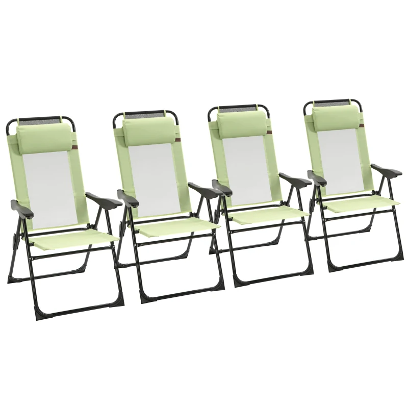 Outsunny Set of 4 Folding Patio Chairs, Camping Chairs with Adjustable Sling Back, Removable Headrest, Armrest for Garden, Backyard, Lawn, Light Green