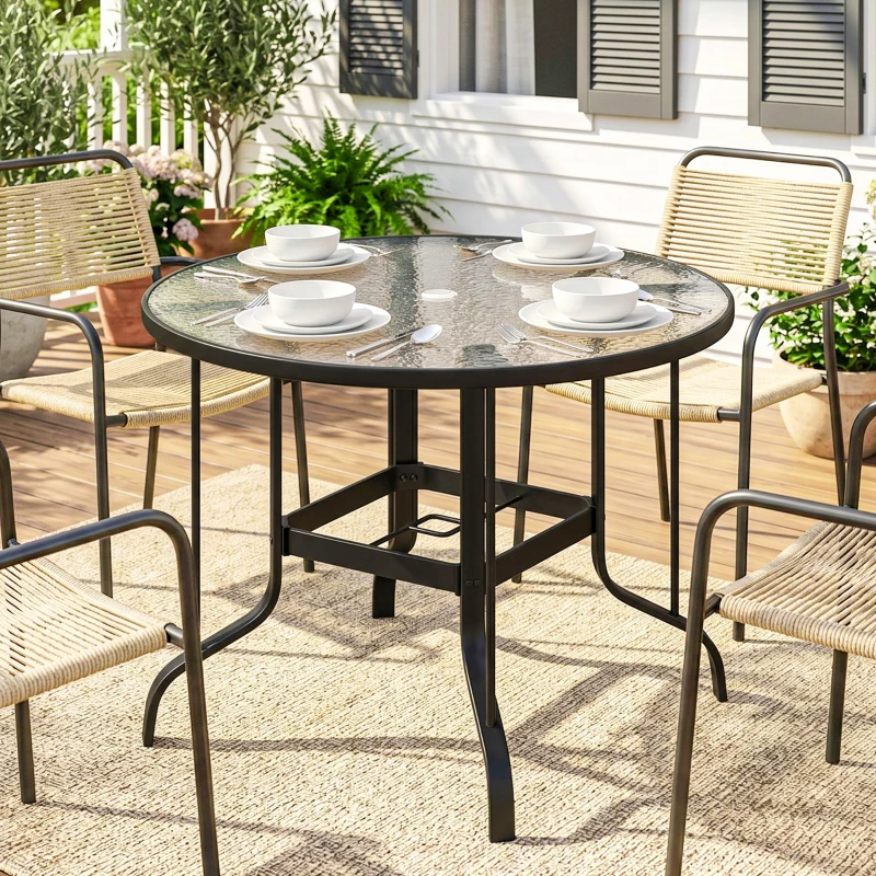 Outsunny 38" Round Patio Table with Umbrella Hole, Tempered Glass Outdoor Dining Table, Black