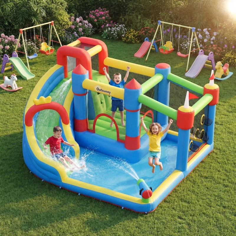 Outsunny 6-in-1 Inflatable Water Slide with Splash Pool, Slide, Climbing Wall, Water Cannon, Inflatable Bounce House for Kids with 2 Min. Inflation