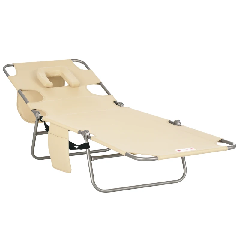 Outsunny Tanning Chair with Face Hole, 5-Level Adjustable Outdoor Chaise Lounge Chair with Pillow for Beach, Pool, Beige
