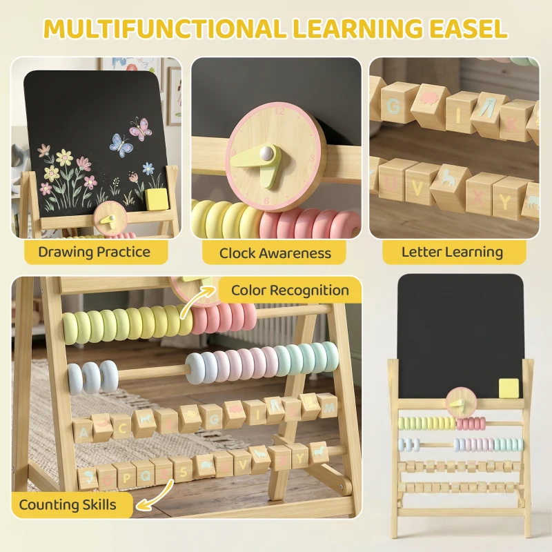Qaba Wooden Kids Art Easel with Double-Sided Chalkboard, Clock, Abacus, Blackboard Eraser for Painting, for Ages 2+, Natural
