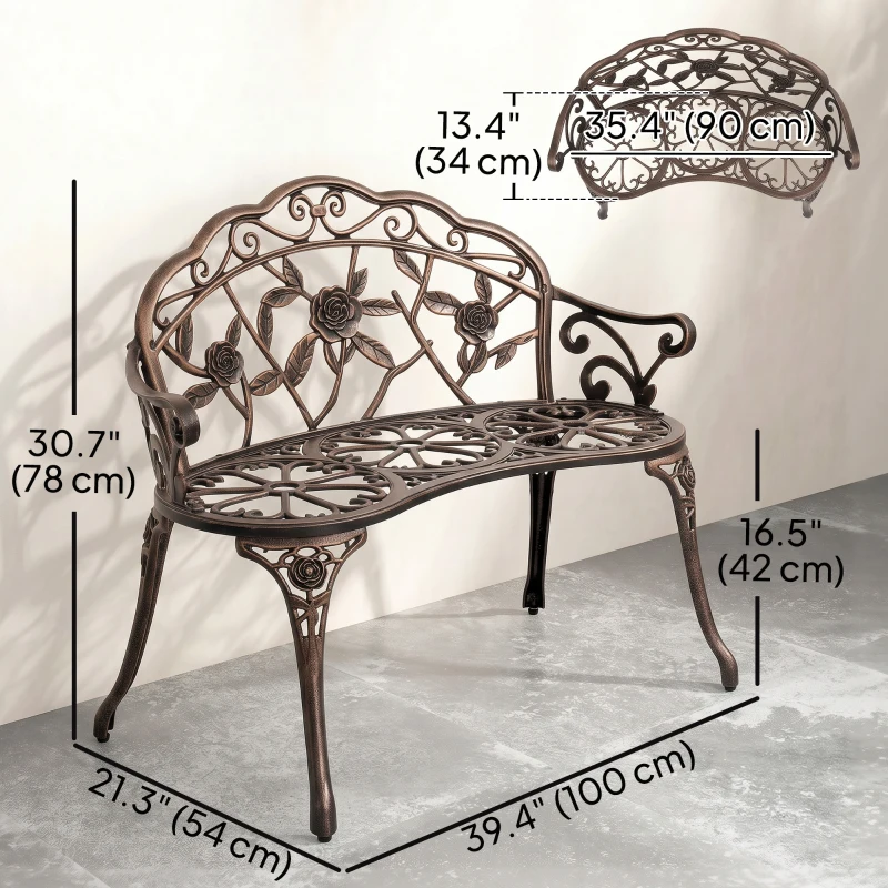 Outsunny 40" Outdoor Garden Bench, Cast Aluminum Antique Rose Style Patio Garden Park Loveseat Bench for Backyard, Porch, Balcony, Lawn, Bronze