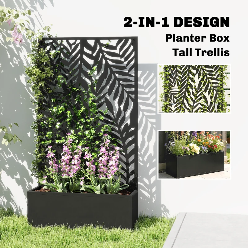 Outsunny Metal Planter Box with Trellis, 44.5" Raised Garden Bed with Trellis Privacy Screen for Climbing Plants