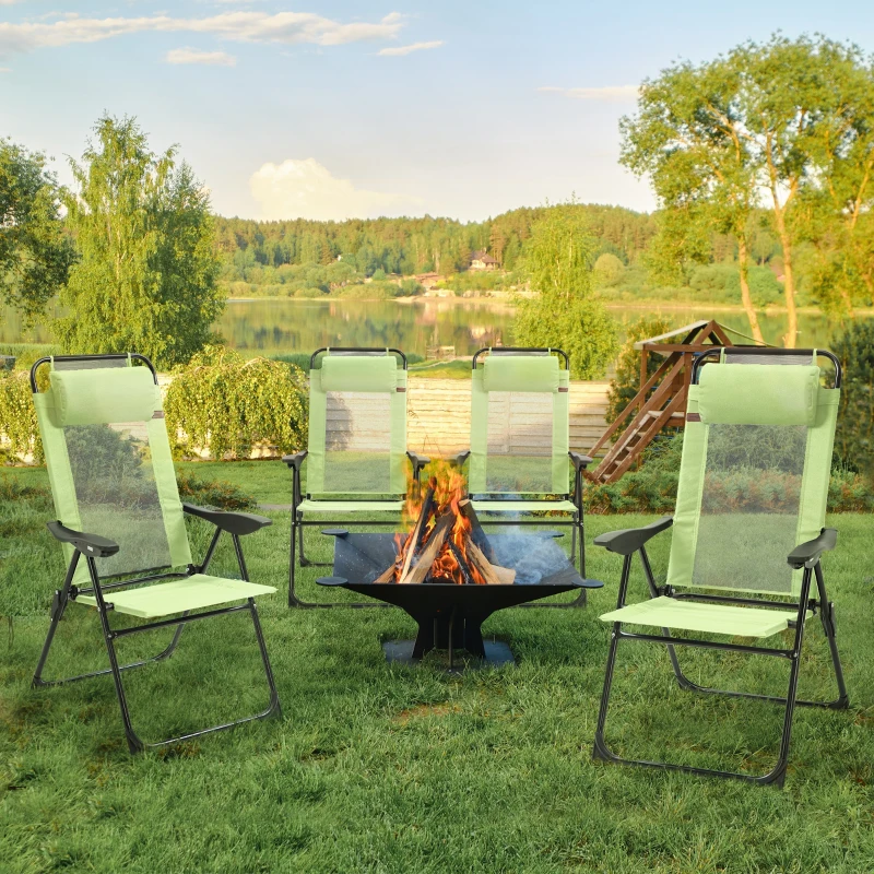 Outsunny Set of 4 Folding Patio Chairs, Camping Chairs with Adjustable Sling Back, Removable Headrest, Armrest for Garden, Backyard, Lawn, Light Green