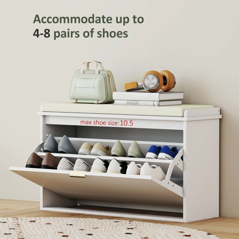 HOMCOM Shoe Storage Bench with Padded Seat Cushion and Flip-Drawer, Entryway Bench, Shoe Cabinet, 31.5x10.2x18.7 Inches, White