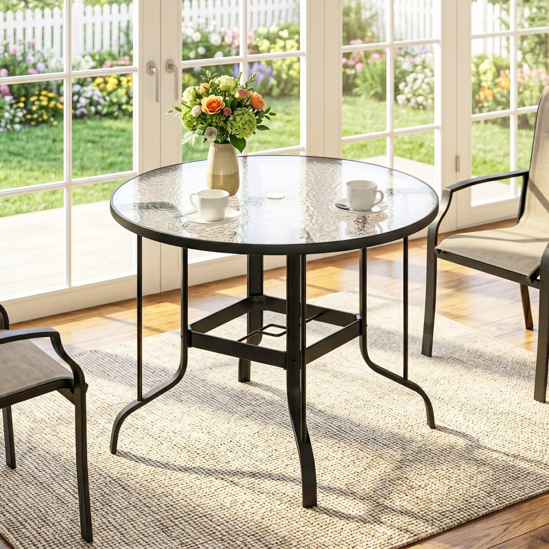 Outsunny 38" Round Patio Table with Umbrella Hole, Tempered Glass Outdoor Dining Table, Black