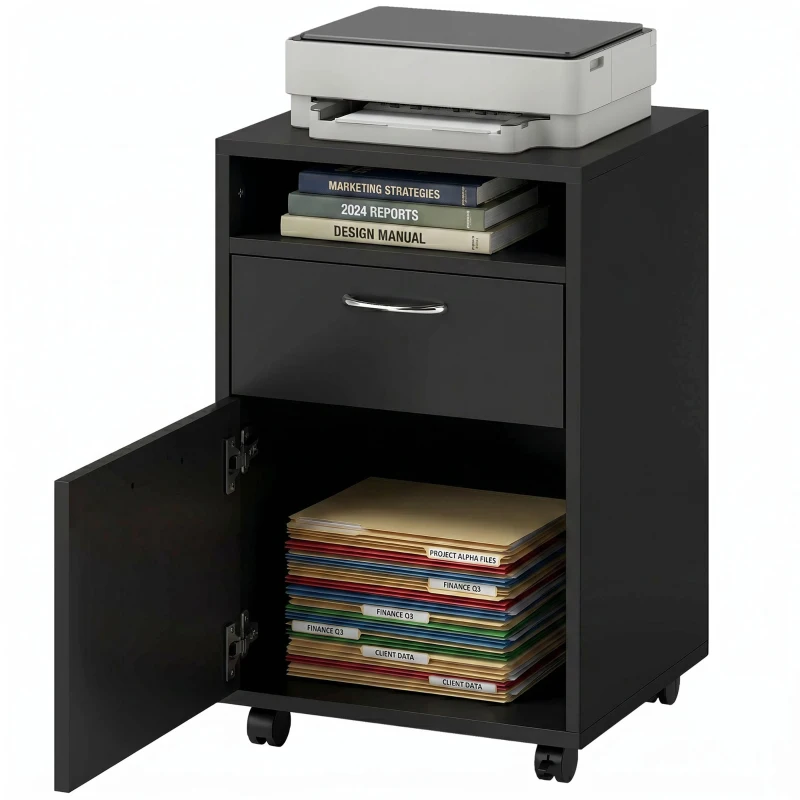 HOMCOM Mobile Storage Cabinet Organizer with Drawer and Cabinet, Printer Stand with Castors, Black