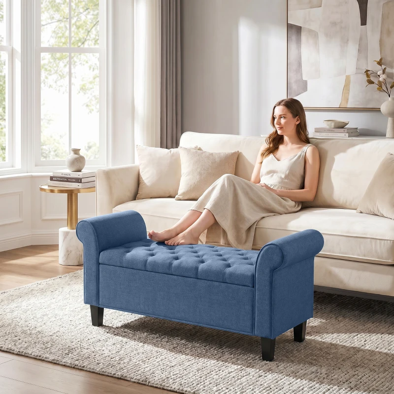 HOMCOM 47" Storage Ottoman Bench, Tufted End of Bed Bench with Rolled Arms, Safety Hinge, Wood Legs for Bedroom, Blue
