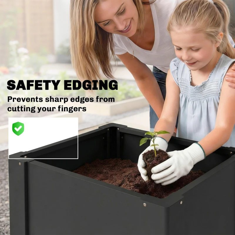 Outsunny Raised Garden Bed Galvanized Planter Box Outdoor with Gloves for Gardening Vegetables, Flower, Herb, 1.4 x 1.4 x 1.5 ft, Black