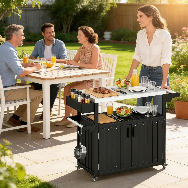 Outsunny Outdoor Bar Cart with Storage, Stainless Steel Outdoor Bar Table Top, Wheeled HDPE Kitchen Island for Food Prep, Black