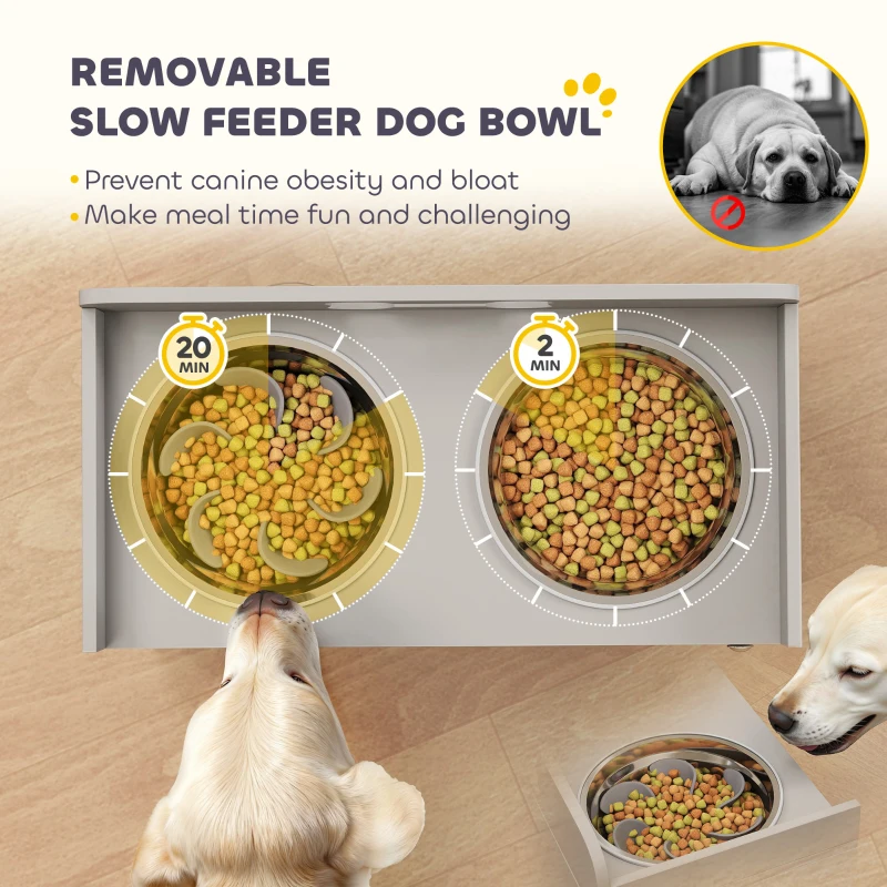 PawHut Elevated Dog Bowls with Storage, Raised Dog Bowl Stand with 2 Stainless Steel Bowl for Large Dogs, Gray