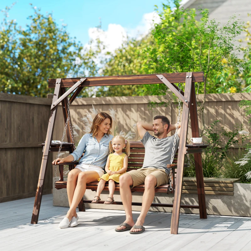 Outsunny 3 Seat Wooden Porch Swing with Stand, Patio Swing with Side Tables, for Garden, Poolside, Backyard, Carbonized Brown