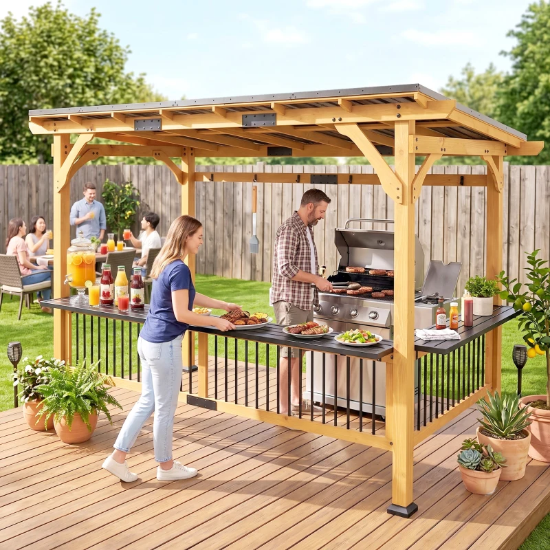 Outsunny 13' x 6' Wooden BBQ Grill Gazebo, Outdoor Hardtop Grill Gazebo with Metal Roof, 2 Bar Shelves and 6 Hooks, Natural