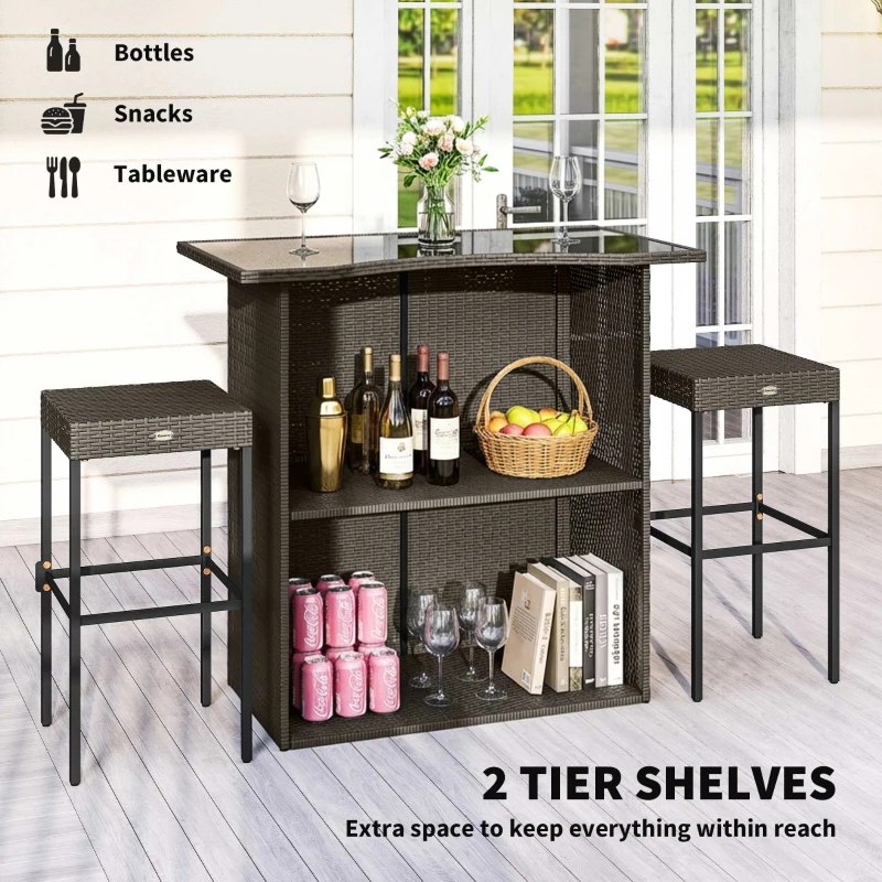 Outsunny 5 Piece Rattan Wicker Bar Set, High Top Outdoor Table and Chairs, Bar Height Patio Set, 2 Shelves & 4 Bar Stools, Brown
