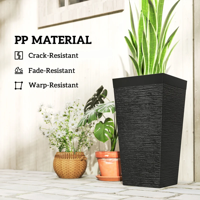 Outsunny 22.8 Inch Set of 3 Outdoor Planters with Stone Finish and Wheels, Stackable Tapered Planters with Drainage Hole, Black