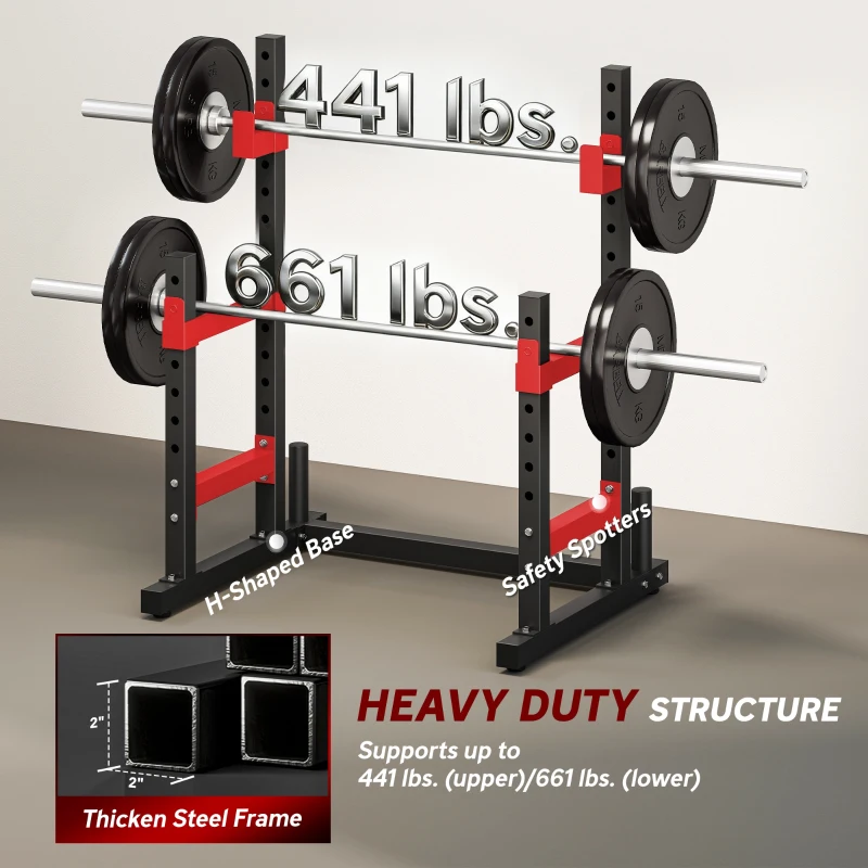 Soozier Adjustable Squat Rack, 660lbs Multi-Functional Bench Press Rack for Weight Lifting Home Gym Strength Training, Red