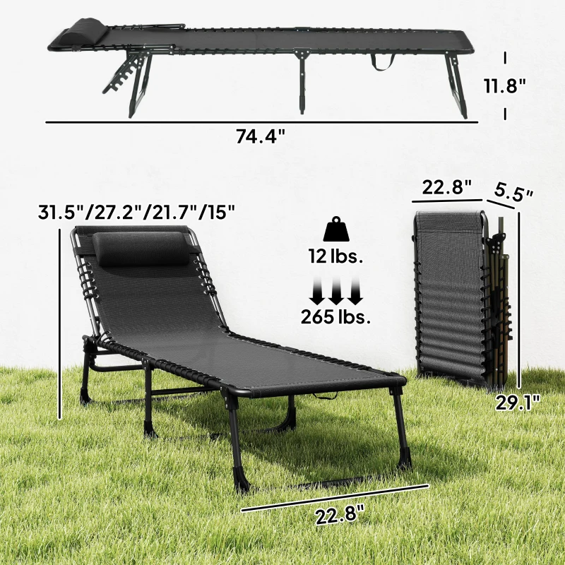Outsunny Folding Chaise Lounge Pool Chair with 4-Position Reclining Back, Pillow, Breathable Mesh & Bungee Seat, Black