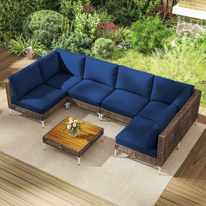 Outsunny 7 Piece Wicker Patio Furniture Set, Modular Outdoor Sectional with Thickened Cushions, Acacia Wood Table, Brown/Blue