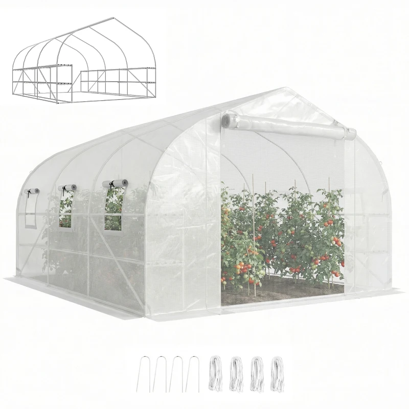 Outsunny 10'x11'x6' Walk-in Tunnel Greenhouse with Shelves, Mesh Door and Windows, Plant Hot House with PE Cover, White