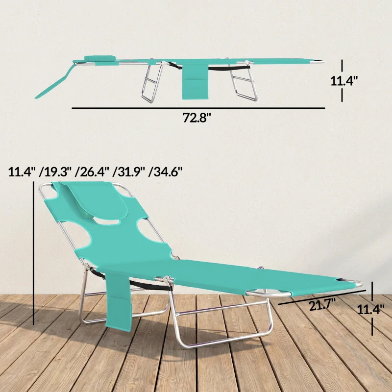 Outsunny Tanning Chair with Face Hole, 5-Level Adjustable Outdoor Chaise Lounge Chair with Pillow for Beach, Pool, Light Green
